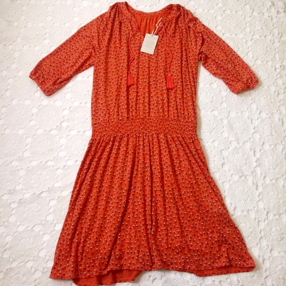 Garnet Hill Dresses & Skirts - New Garnet Hill Midi Dress Orange Floral Knit Tassel Neck 3/4 Raglan XL Women